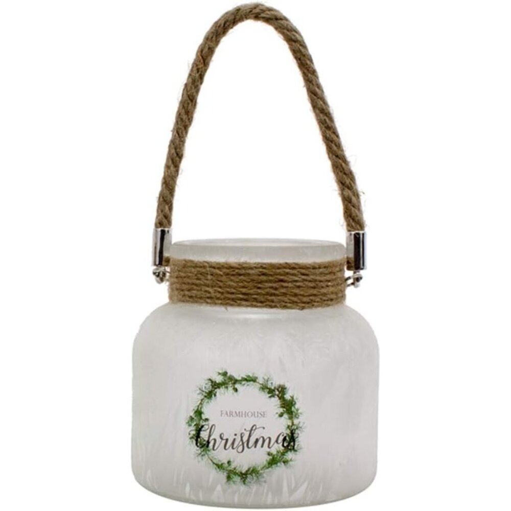 Farmhouse Christmas Decorative White Glass Jar With Rope Handle & Greenery Wreat
